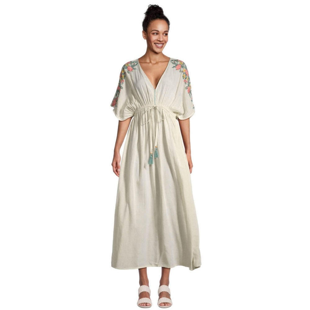 NWT World Market Floral Embroidered Kaftan Dress, XL, Cream